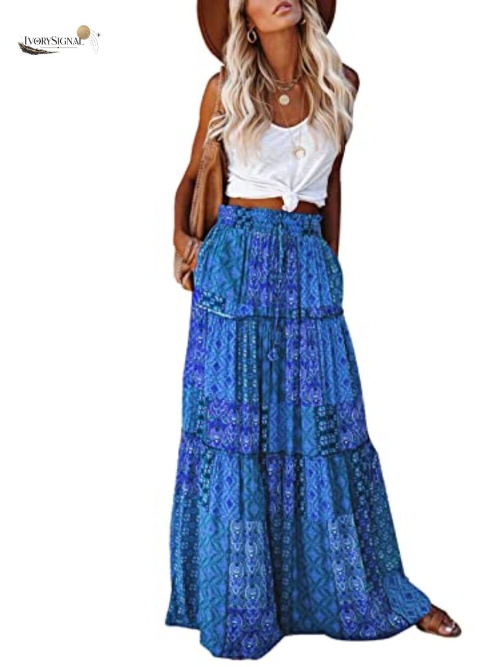 High Waisted Flowy Maxi Skirt with Pockets Boho Long Tiered Skirt